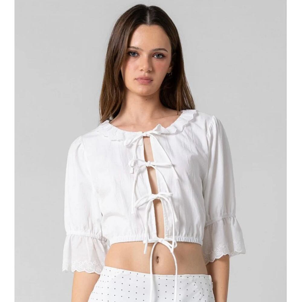 Beige Botany White Cotton Sensibility Eyelet Trim Tie Front Peasant Top Blouse S